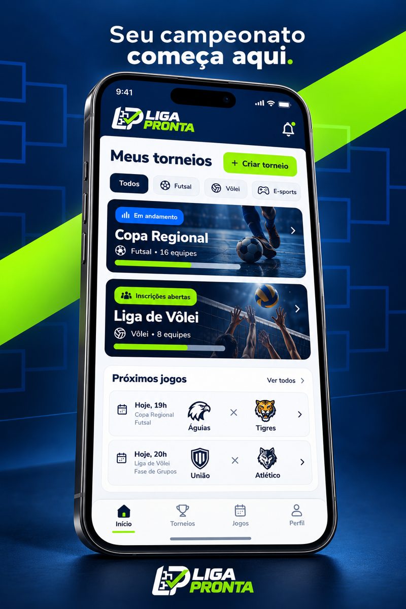App Liga Pronta mostrando torneios e próximos jogos